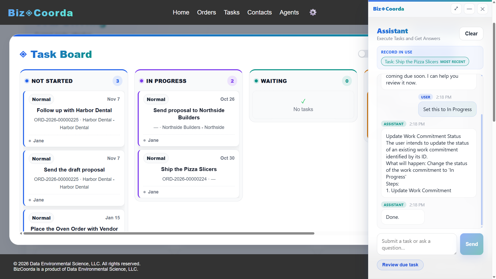 BizCoorda task management showing tasks, statuses, and work tracking.